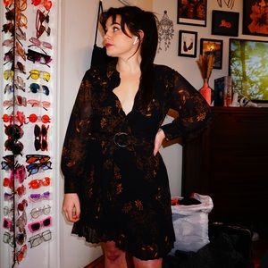 Zara Black Orange Koi Fish Japanese Floral Print Pleat Belted Shirt Dress (M)
